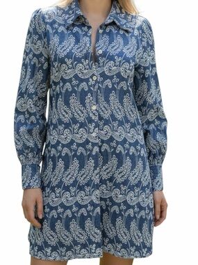 Zara Woman’s Blue & White Embroidered Paisley Eyelet Mini Boho Dress-Size Small